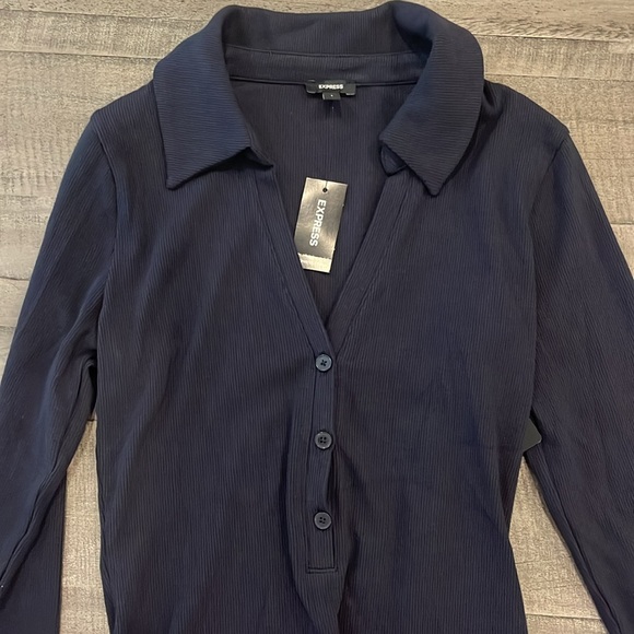Express navy ribbed bodysuit collar quarter button up NEW thong back size small - Picture 2 of 5